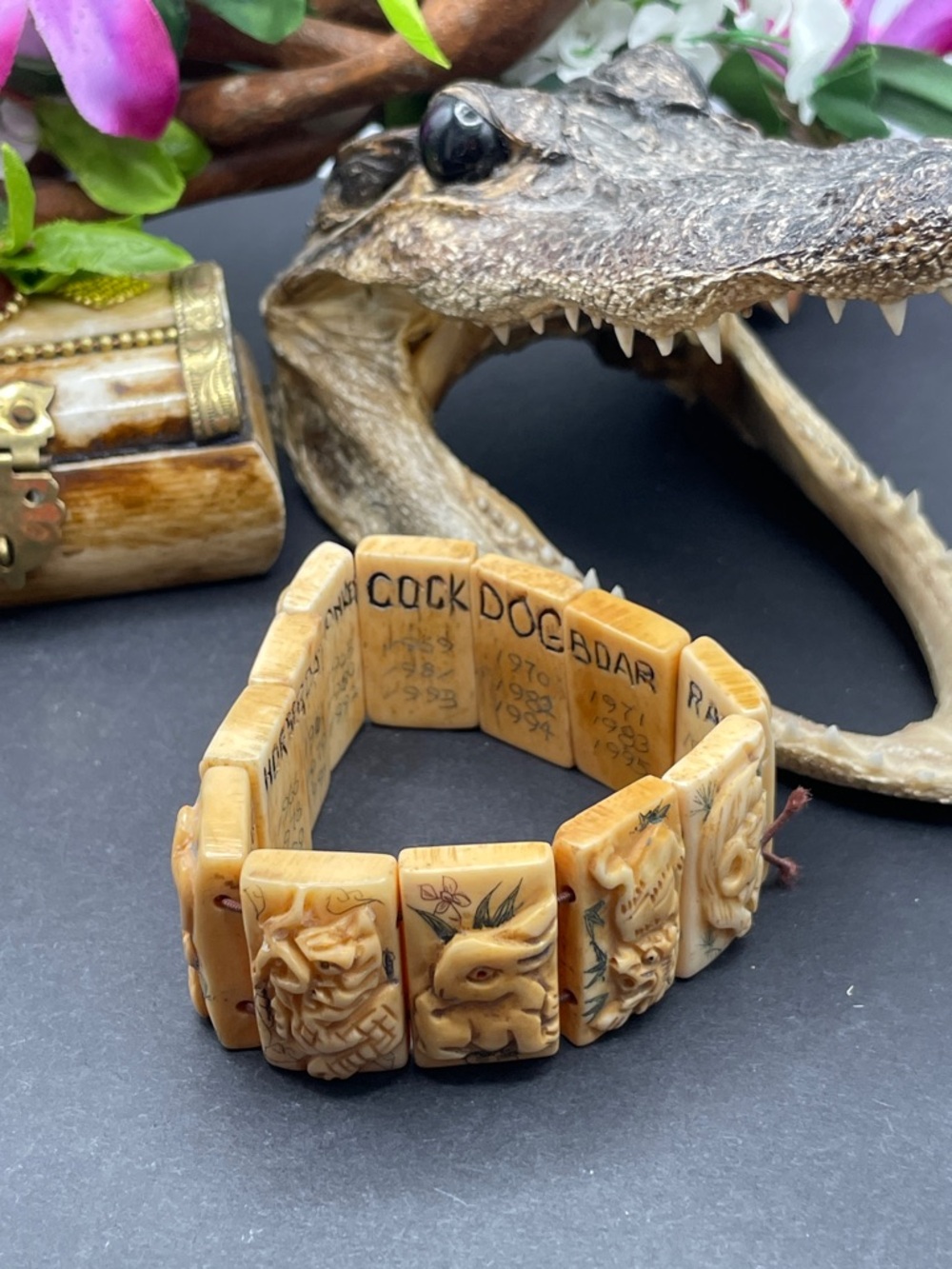 Chinese zodiac carved bone bracelet vintage